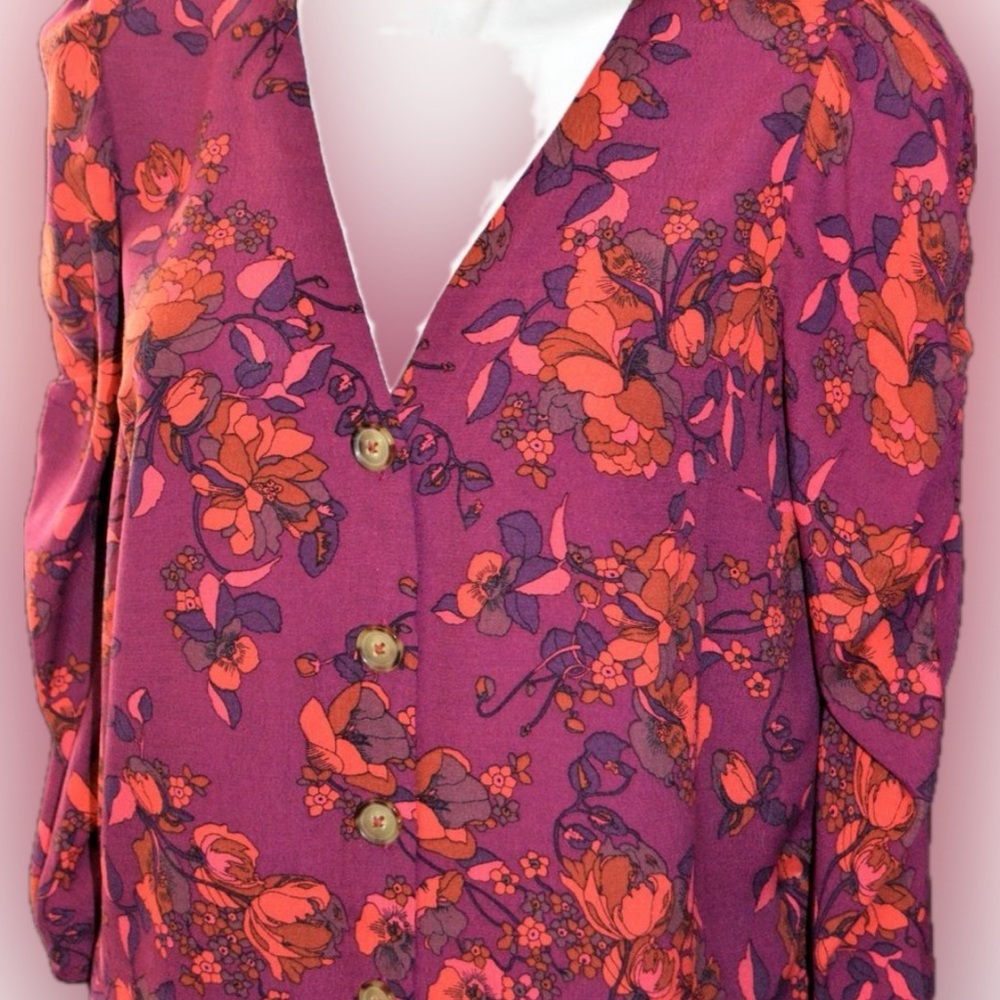 Anthropologie Maeve Maroon/Purple/Orange Floral Button Up Ruched Sleeve Blouse M